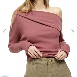 Free People Fuji Off-Shoulder Waffle Knit Thermal Top in Rose Mauve small